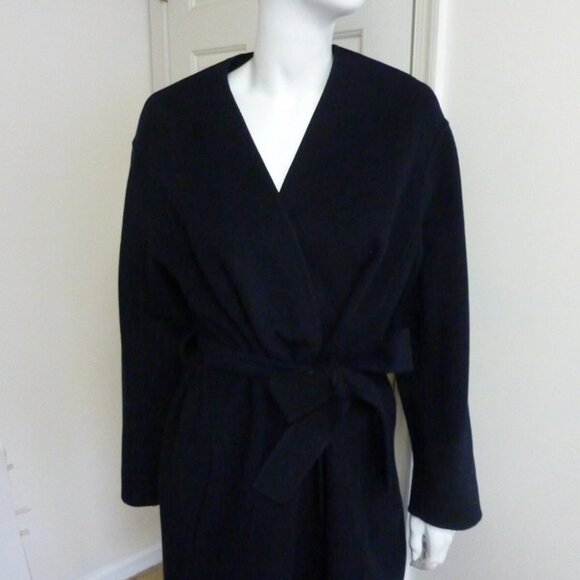 VINCE Wool-Cashmere-Blend Belted Collarless Coat in Navy Blue - Picture 3 of 7